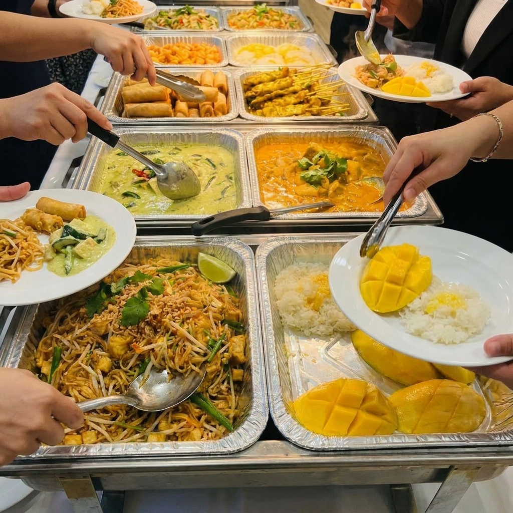 Catering buffet of Thai favorites shared family style