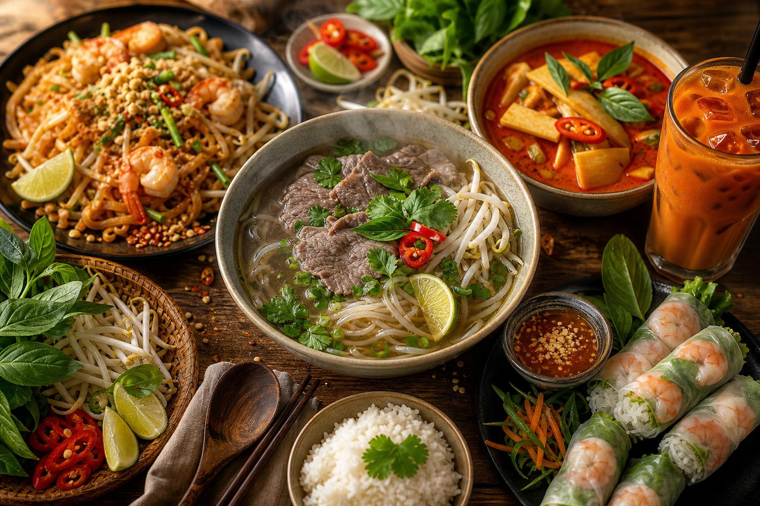 A steaming bowl of pho with fresh herbs
